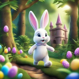 An extremely detailed, high-quality illustration of the Easter Bunny on an adventure in a lush jungle