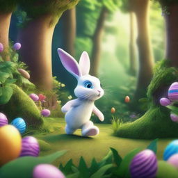 An extremely detailed, high-quality illustration of the Easter Bunny on an adventure in a lush jungle