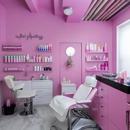 An interior layout of a cozy, small beauty parlor featuring a hair washing station, an eyebrow threading chair, a facial treatment bed and beautifully-arranged racks of beauty products.