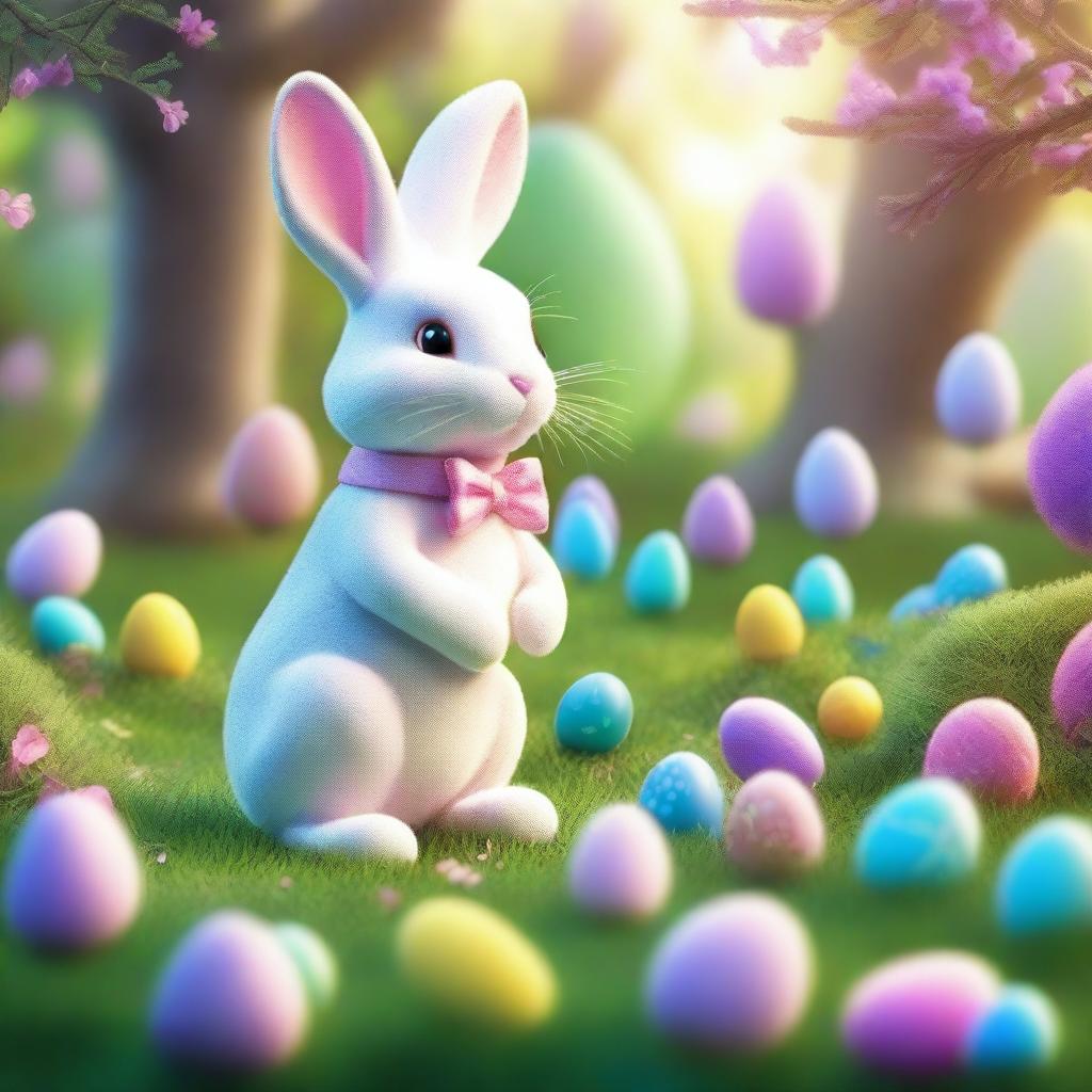 A vivid, extremely detailed illustration of the Easter Bunny in a magical garden