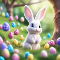 A vivid, extremely detailed illustration of the Easter Bunny in a magical garden