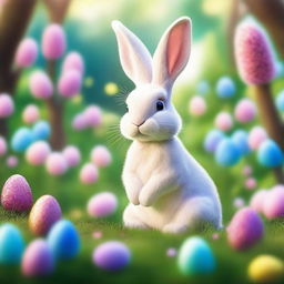 A vivid, extremely detailed illustration of the Easter Bunny in a magical garden