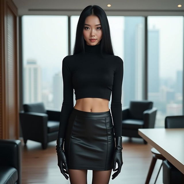 A sophisticated female assistant in a stylish Beijing office, featuring long, straight black hair and aristocratic, delicate facial features