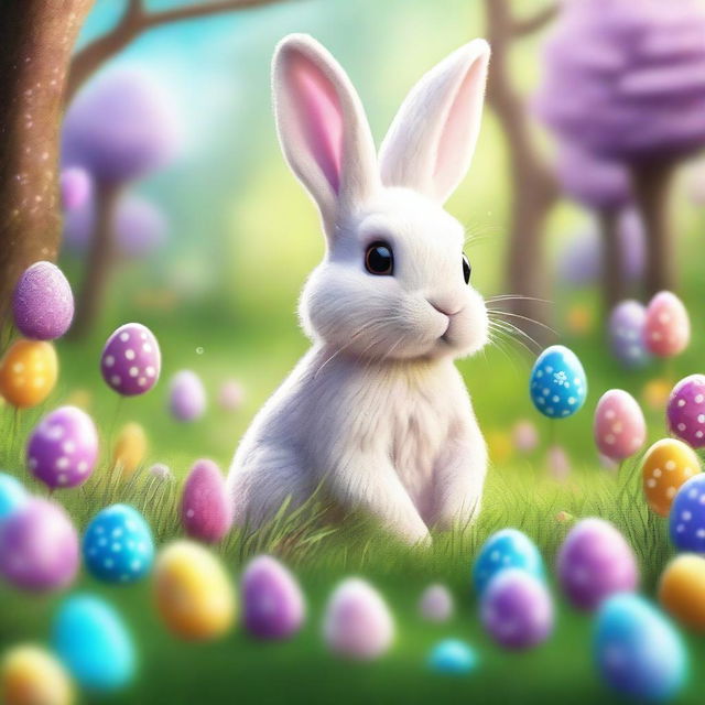 A vivid, extremely detailed illustration of the Easter Bunny in a magical garden