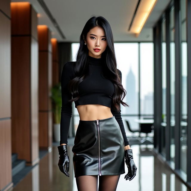 A sophisticated female assistant in a contemporary Beijing office, featuring long, straight black hair that elegantly frames her aristocratic and delicate features