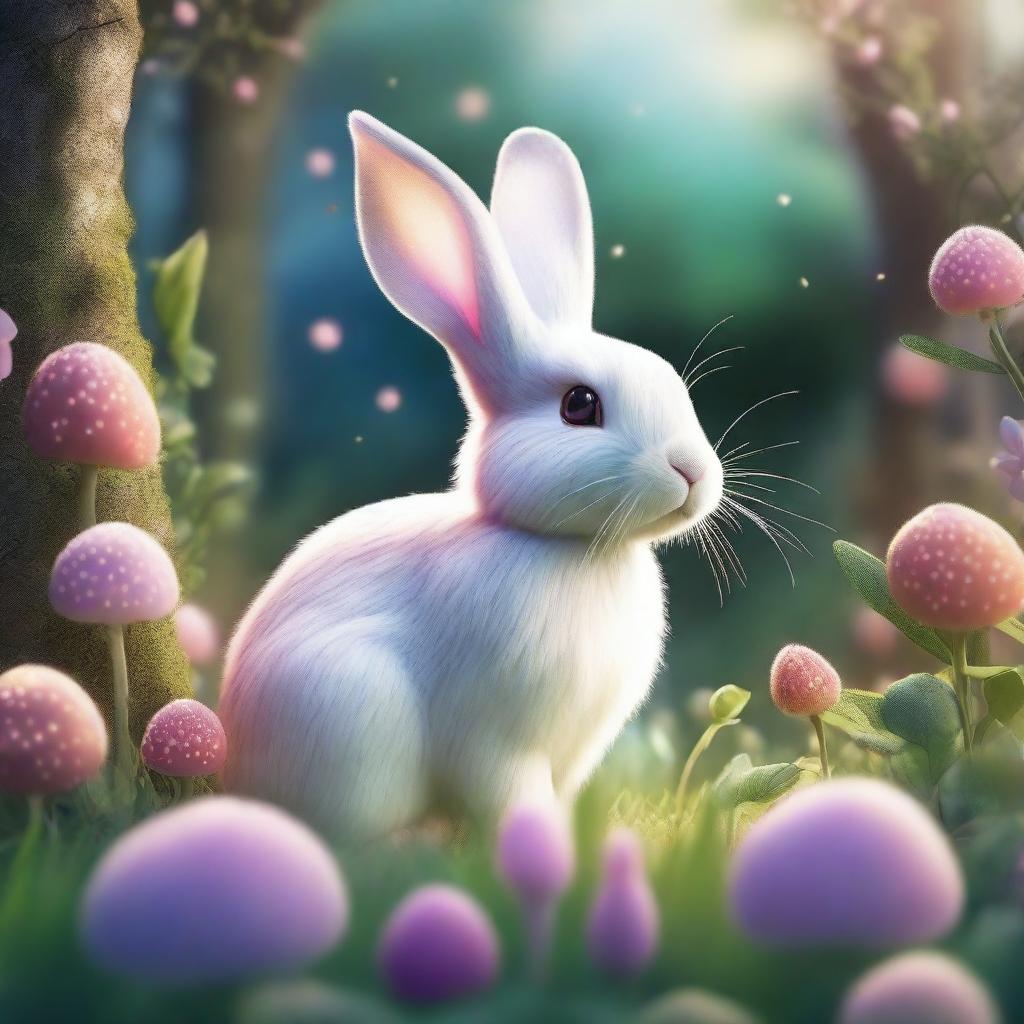 A striking illustration of a bunny in a magical garden