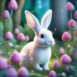 A striking illustration of a bunny in a magical garden