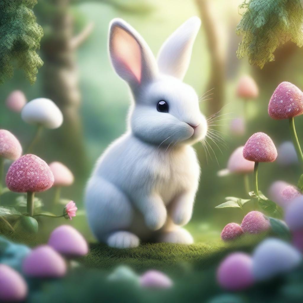 A striking illustration of a bunny in a magical garden