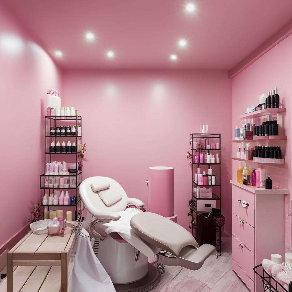 An interior layout of a cozy, small beauty parlor featuring a hair washing station, an eyebrow threading chair, a facial treatment bed and beautifully-arranged racks of beauty products.