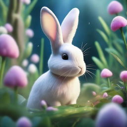 A striking illustration of a bunny in a magical garden