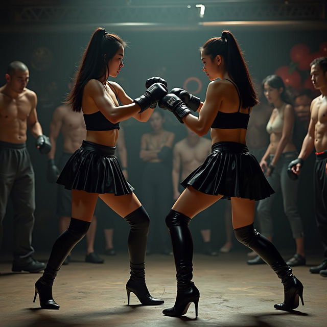 In a gritty underground gym setting, two formidable women are fiercely fighting, drawing the attention of an audience of wealthy and powerful spectators