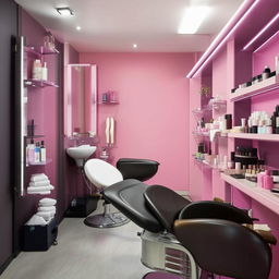 A compact, stylish beauty parlor interior, showcasing a hair wash station, an eyebrow shaping chair, a comfortable facial treatment bed, and neatly aligned product racks.