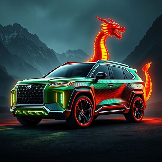 A stunning big SUV design inspired by the fierce and mythical features of a dragon, showcasing unique lines reminiscent of dragon scales and a commanding presence