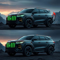 A stunning big SUV design inspired by the fierce and mythical features of a dragon, showcasing unique lines reminiscent of dragon scales and a commanding presence