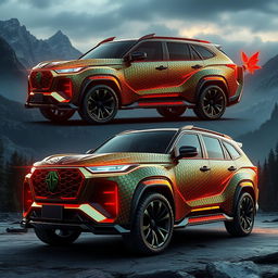 A stunning big SUV design inspired by the fierce and mythical features of a dragon, showcasing unique lines reminiscent of dragon scales and a commanding presence