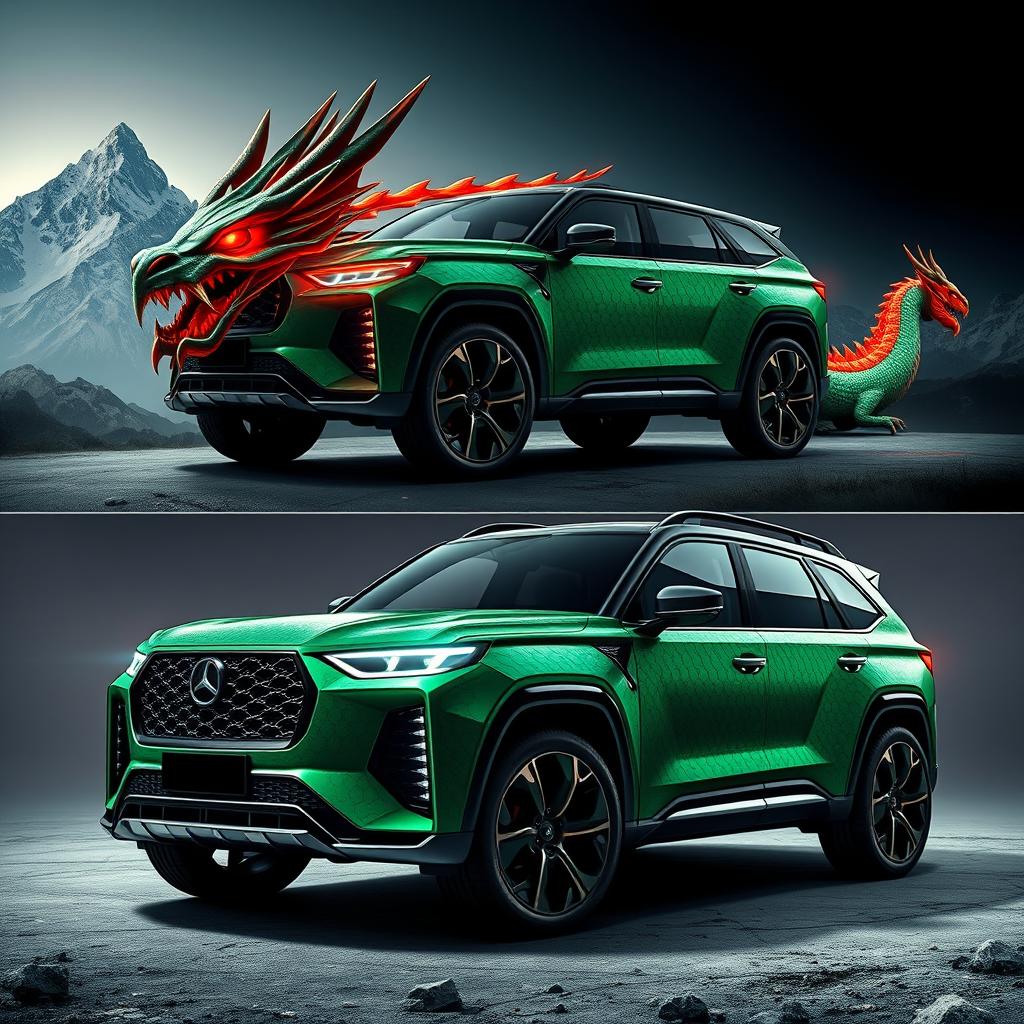 A stunning big SUV design inspired by the fierce and mythical features of a dragon, showcasing unique lines reminiscent of dragon scales and a commanding presence