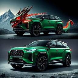 A stunning big SUV design inspired by the fierce and mythical features of a dragon, showcasing unique lines reminiscent of dragon scales and a commanding presence