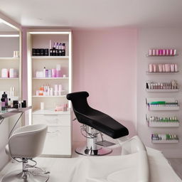 A compact, stylish beauty parlor interior, showcasing a hair wash station, an eyebrow shaping chair, a comfortable facial treatment bed, and neatly aligned product racks.