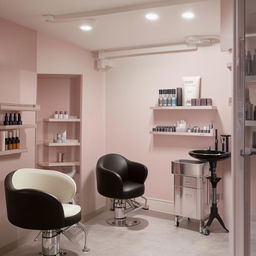 A compact, stylish beauty parlor interior, showcasing a hair wash station, an eyebrow shaping chair, a comfortable facial treatment bed, and neatly aligned product racks.