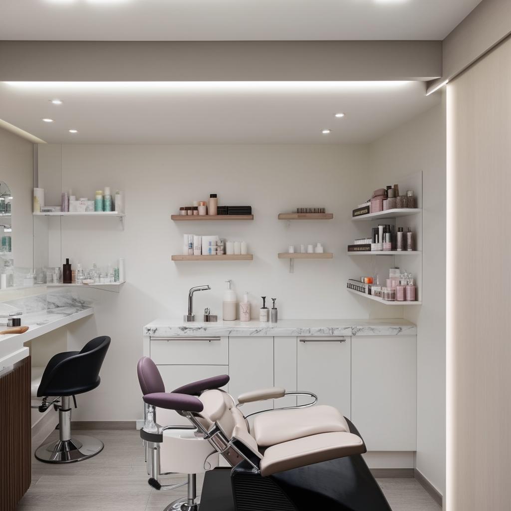 A compact, stylish beauty parlor interior, showcasing a hair wash station, an eyebrow shaping chair, a comfortable facial treatment bed, and neatly aligned product racks.