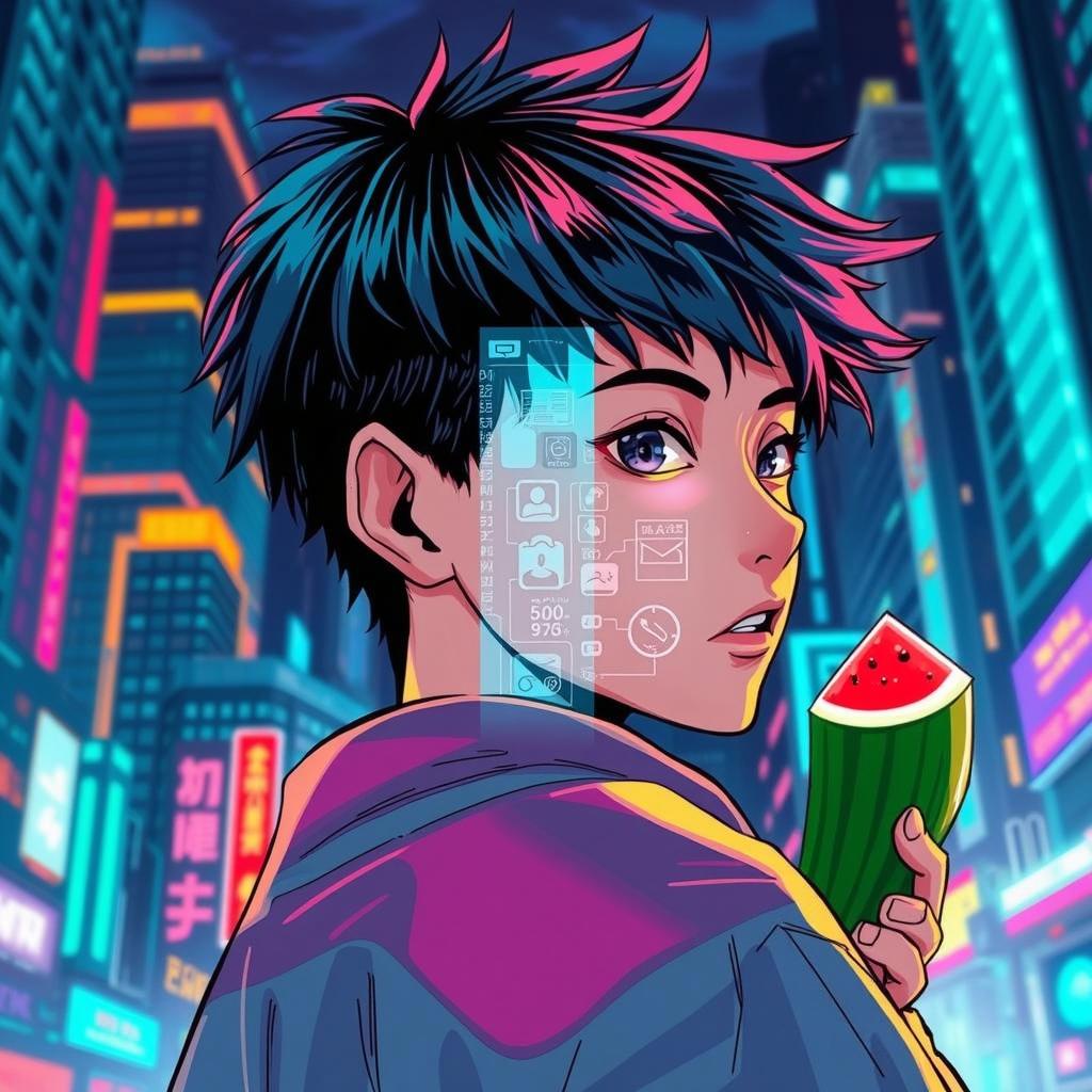 A vibrant neon cityscape at night with bright billboards and glowing lights in shades of blue, purple, and pink