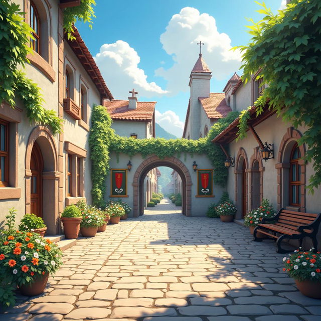 A beautifully detailed 3D illustration of a medieval courtyard, featuring cobblestone paving, lush greenery, and intricate stone walls