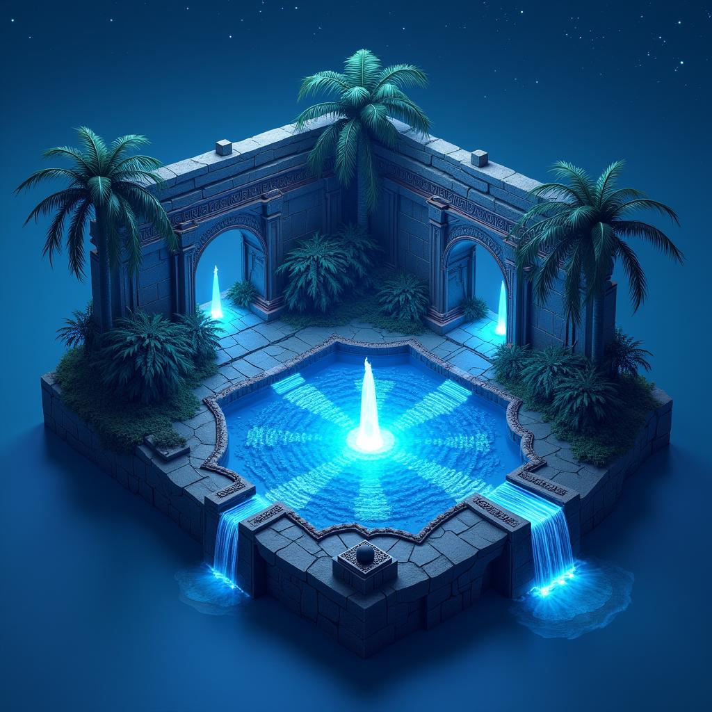 A stunning 3D isometric illustration of an ancient tribal courtyard located on a floating island, vividly illuminated in electric blue hues