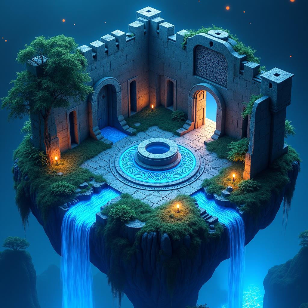 A stunning 3D isometric illustration of an ancient Celtic courtyard set on a floating island, illuminated in vibrant electric blue hues