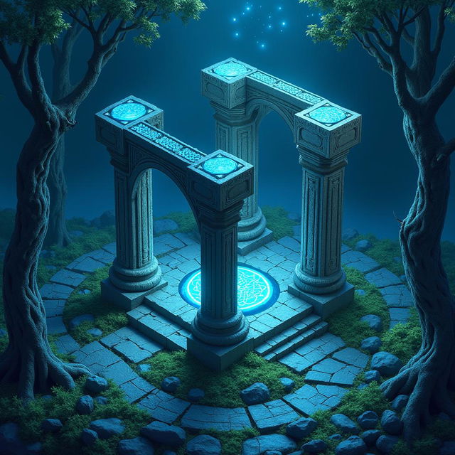 An ancient Celtic temple rendered in a glowing blue 3D isometric design