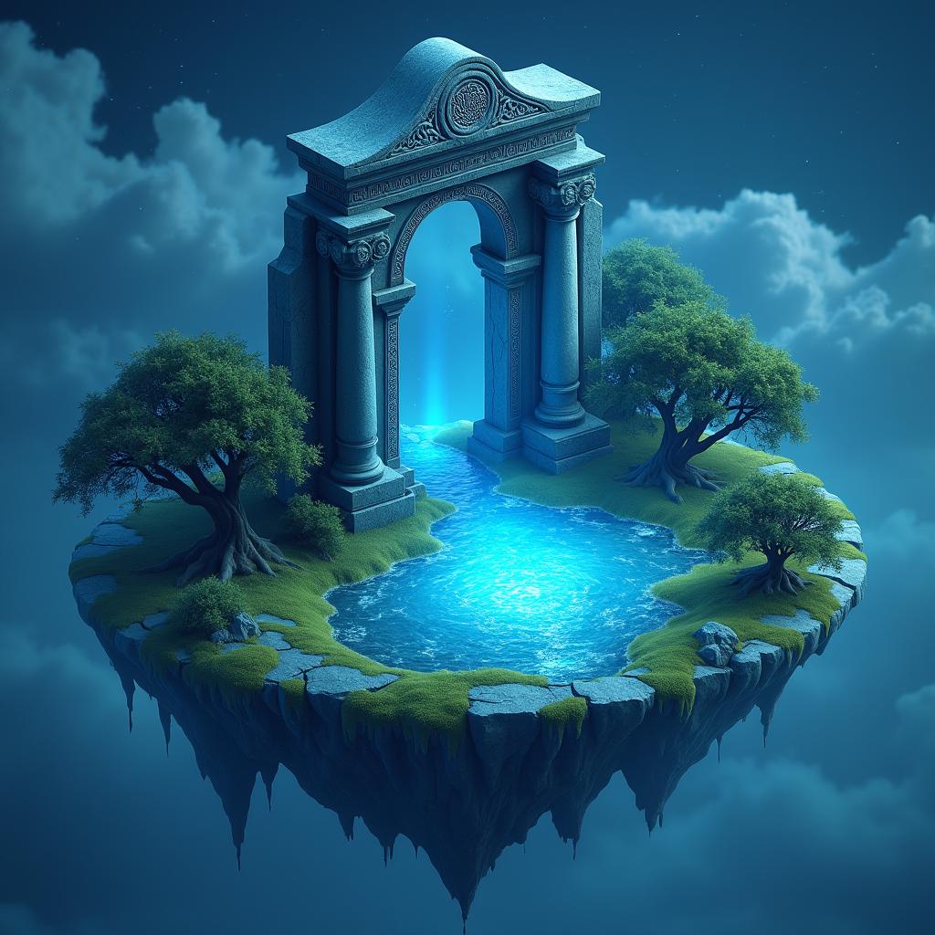 An ancient Celtic temple situated on a floating island, rendered in a glowing blue 3D isometric design