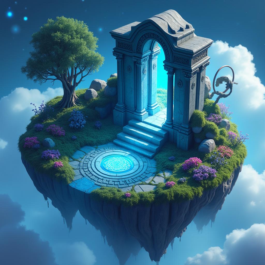 An ancient Celtic nature temple situated on a floating island, depicted in a glowing blue 3D isometric design