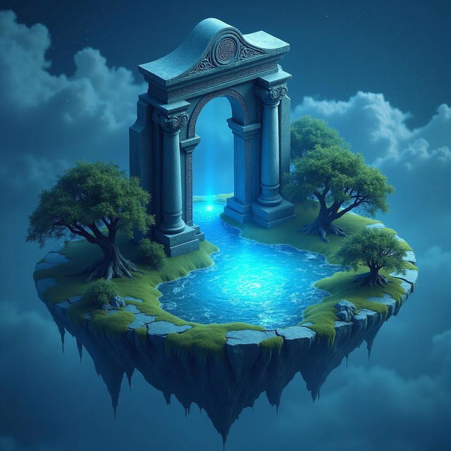 An air bender standing on a floating island, in a mystical setting