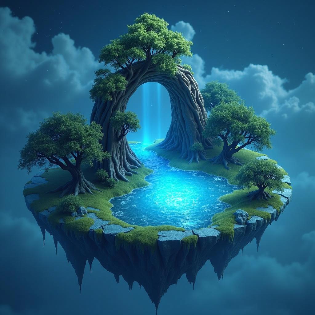 A serene floating island featuring old, twisted oak trees surrounding a shimmering turquoise pond