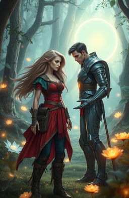 A captivating fantasy scene featuring a strong, adventurous female character with flowing hair, dressed in a vibrant, medieval-style outfit