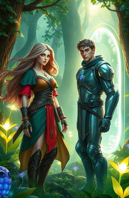 A captivating fantasy scene featuring a strong, adventurous female character with flowing hair, dressed in a vibrant, medieval-style outfit