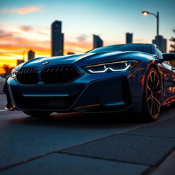 A modern BMW car, showcasing sleek lines and a futuristic design, parked on an urban street at sunset