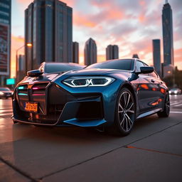 A modern BMW car, showcasing sleek lines and a futuristic design, parked on an urban street at sunset
