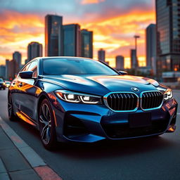 A modern BMW car, showcasing sleek lines and a futuristic design, parked on an urban street at sunset