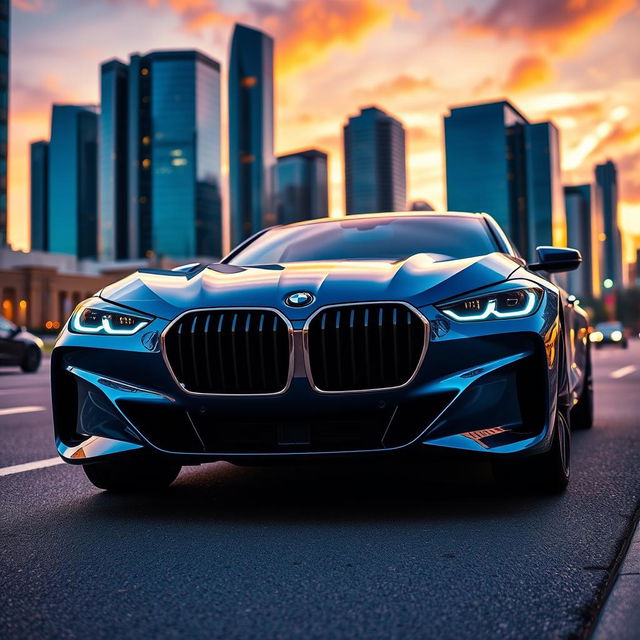 A modern BMW car, showcasing sleek lines and a futuristic design, parked on an urban street at sunset