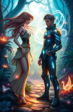 A captivating fantasy scene depicting a strong and adventurous female character with flowing hair and elegant clothing, standing in a mystical forest filled with glowing plants and enchanted creatures