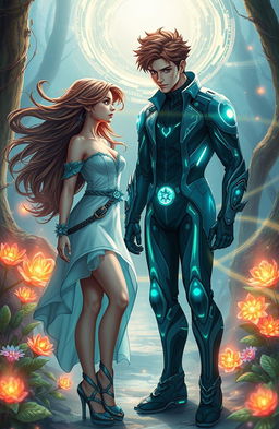 A captivating fantasy scene depicting a strong and adventurous female character with flowing hair and elegant clothing, standing in a mystical forest filled with glowing plants and enchanted creatures