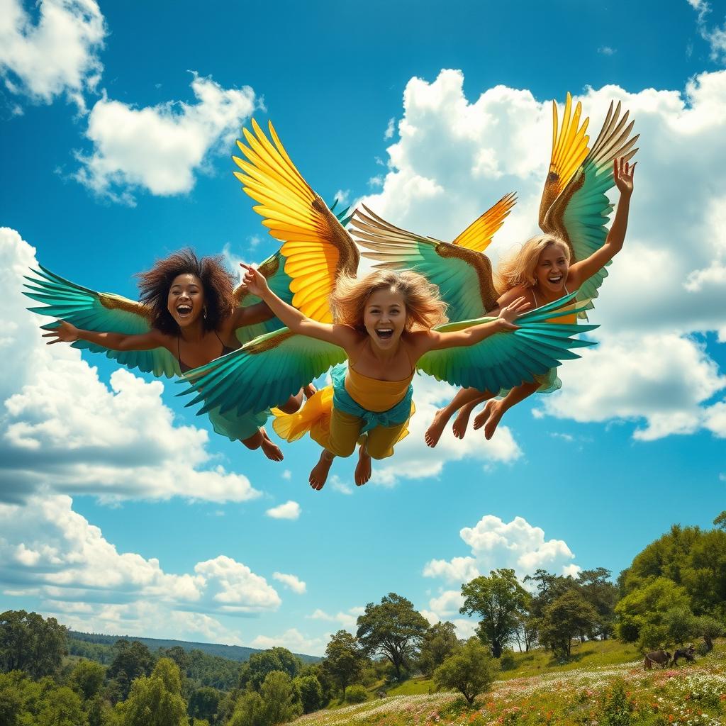 A magical scene featuring people with vibrant bird wings, gracefully soaring through a vivid blue sky dotted with fluffy white clouds