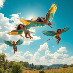 A magical scene featuring people with vibrant bird wings, gracefully soaring through a vivid blue sky dotted with fluffy white clouds
