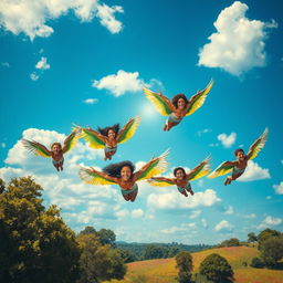 A magical scene featuring people with vibrant bird wings, gracefully soaring through a vivid blue sky dotted with fluffy white clouds