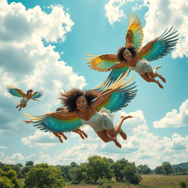 A magical scene featuring people with vibrant bird wings, gracefully soaring through a vivid blue sky dotted with fluffy white clouds