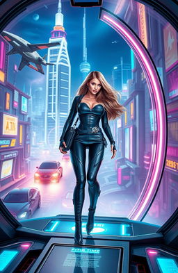 A futuristic scene featuring a confident woman dressed in sleek, high-tech attire as she steps into a time machine