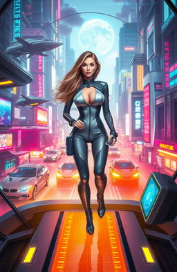 A futuristic scene featuring a confident woman dressed in sleek, high-tech attire as she steps into a time machine