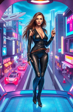 A futuristic scene featuring a confident woman dressed in sleek, high-tech attire as she steps into a time machine