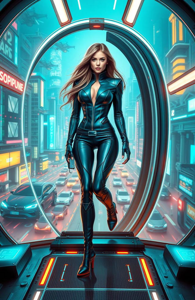 A futuristic scene featuring a confident woman dressed in sleek, high-tech attire as she steps into a time machine