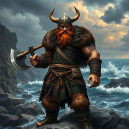 A fierce Viking warrior standing proudly on a rugged coastline, wearing traditional chainmail and a fur cloak, with a horned helmet adorning his head